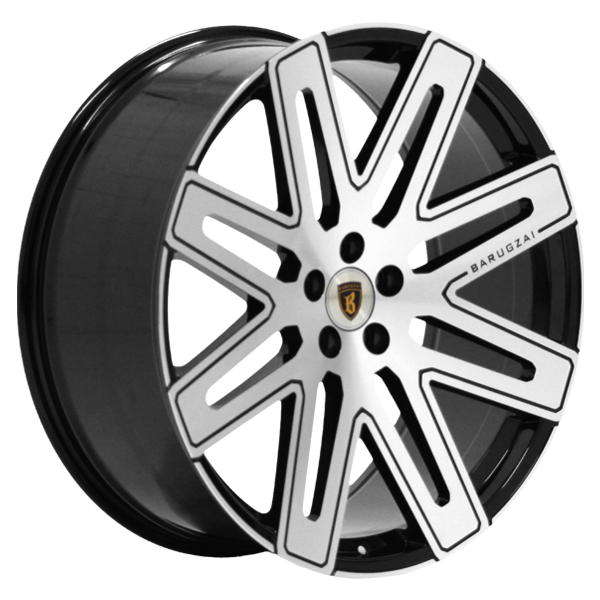 Angle shot of Barugzai EXEL 24” alloy wheel in Gloss Black Polished