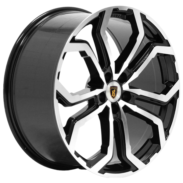 Angle shot of Barugzai Opium 22” alloy wheel in Gloss Black Polished